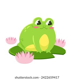 Cute green frog sitting on a leaf and surrounded by water lily flowers. Kawaii character in cartoon style. Illustration isolated.