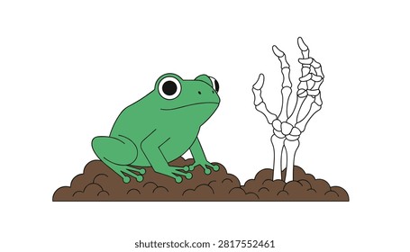 Cute green frog sitting on a mound of dark soil next to a skeletal human hand emerging from the ground.