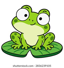 Cute green frog sitting peacefully on a lily pad, cartoon character illustration.
