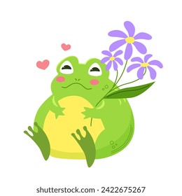 Cute green frog sitting with purple chamomile flower. Kawaii character in cartoon style. Illustration isolated.