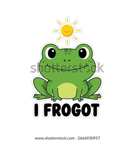 Cute green frog with sun above, isolated on white background cartoon amphibian character is designed as a sticker vector illustration of an adorable animal