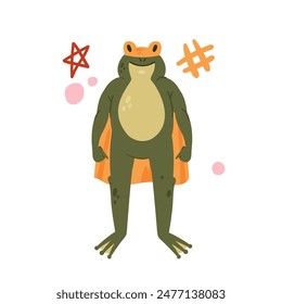 Lindo superhéroe de rana verde, personaje animal valiente en traje de héroe y Ilustración vectorial de máscara