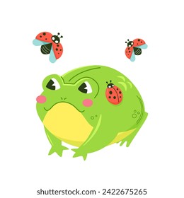 Cute green frog surrounded by ladybugs. Kawaii character in cartoon style. Illustration isolated.