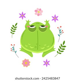 Cute green frog surrounded by spring flowers. Kawaii character in cartoon style top view. Illustration isolated on white background