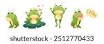 Cute Green Frog or Toad Character with Folded Limbs Vector Set
