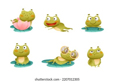 Cute Green Frog or Toad Character Engaged in Different Activity Vector Set