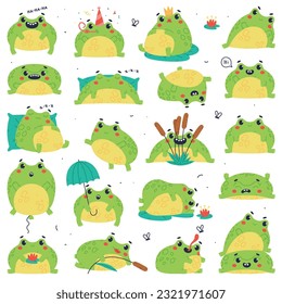 Cute Green Frog or Toad Character Engaged in Different Activity Vector Set