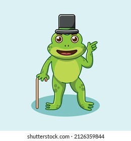 Cute green frog with top hat cartoon character isolated