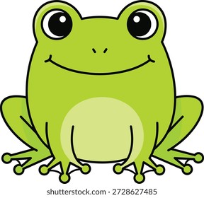 Ilustração vetorial de sapo verde bonito, sapo de desenho animado sorridente com olhos grandes, página de coloração de crianças, desenho de animal simples, design de arte de linha de anfíbio adorável