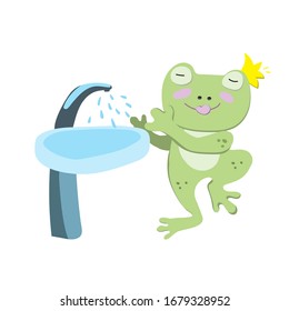 Cute green frog is washing his hands under tap in bathroom. Simple rule of hygiene for children in kindergarten, cafe, restaurant and public place. Flat illustration with character on white background