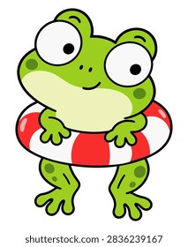 Cute green frog wearing a red and white swimming ring.