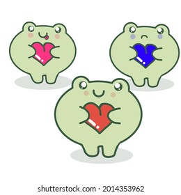 Cute green frogs cartoon characters with color heart isolated on white background. Vector illustration EPS10