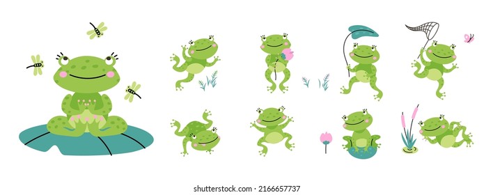 Cute green frogs. Croaking frog on nature, cartoon toad with lotus and leaves. Kids tropical amphibian, isolated jumping relaxing quirky nowaday vector animal