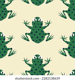 Cute green frogs hand drawn vector illustration. Funny animal character seamless pattern for kids fabric or wallpaper.