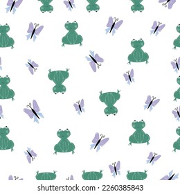 Cute green frogs seamless pattern. Funny green frog characters texture. Perfect for kids fabric, textile, wallpaper. Vector illustration