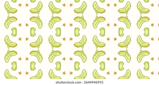 Cute green fruit pattern with cheerful character faces and star accents in a mirrored layout, perfect for children’s fabric, wallpaper, or playful packaging design.