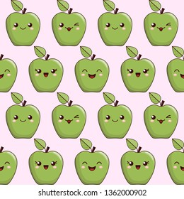 cute green fruits of apple with smiling faces; seamless vector background for children