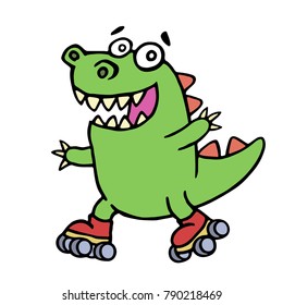 Cute green funny dinosaur rides on rollers. Extreme sports on the street. Vector illustration.
