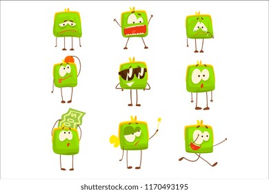 Cute green funny humanized purse showing different emotions set of colorful characters vector Illustrations