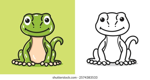 A cute green gecko doll cartoon illustration for a sticker, design element, or coloring book element