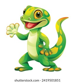 Cute green gecko waving hand cartoon illustration. Lizard vector isolated on white background