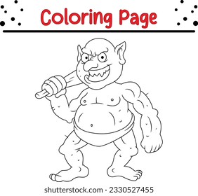 Cute green goblin coloring page for kids.  Black and white vector illustration for coloring book. Wild animal coloring pages for children