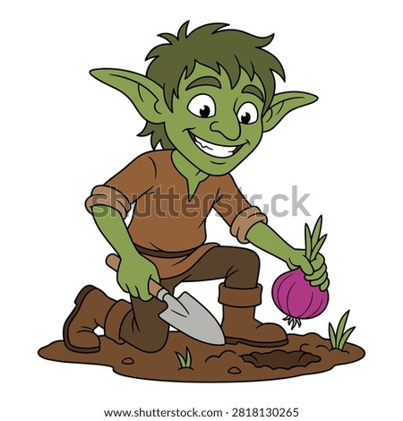 Cute green goblin creature holding garden trowel and planting onion bulb in soil ground.