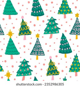 Cute green gold pink decorative Christmas trees seamless pattern on white background. Holiday season winter forest fun repeat pattern. Hand drawn illustration. Gift bag, fabric, paper design.