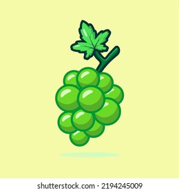 Cute green grapes icon vector illustration. Green grapes isolated on yellow background. Bunch of green grapes with stem and leaf. Cartoon style. Vector illustration for any design.