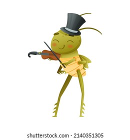 Cute green grasshopper in black top hat playing violin. Funny baby insect mascot cartoon character vector illustration