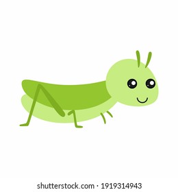 Cute Green Grasshopper In Cartoon Style. Insects For A Children's Book. A Character For Cards With Animals.