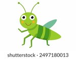 Cute Green Grasshopper Cartoon - Vector Line Art Illustration on White Background