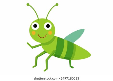 Cute Green Grasshopper Cartoon - Vector Line Art Illustration on White Background