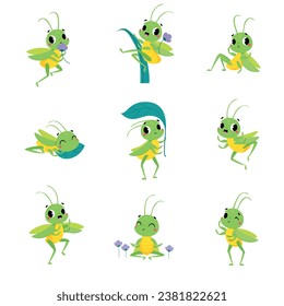 Cute Green Grasshopper Character Engaged in Different Activity Vector Set