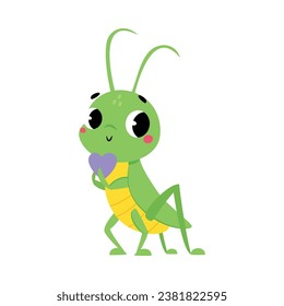 Cute Green Grasshopper Character Hold Heart Vector Illustration