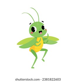 Cute Green Grasshopper Character Jump with Joy Vector Illustration