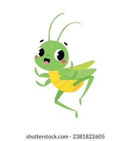 Cute Green Grasshopper Character Jump with Joy Vector Illustration