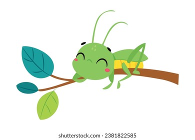 Cute Green Grasshopper Character Lying on Tree Branch Vector Illustration