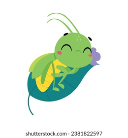 Cute Green Grasshopper Character Lying on Leaf Vector Illustration