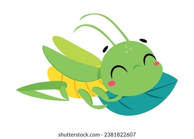 Cute Green Grasshopper Character Lying on Leaf Vector Illustration