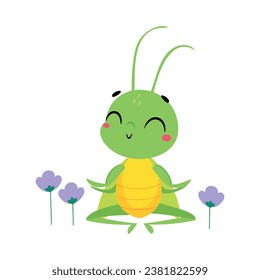 Cute Green Grasshopper Character Sit in Lotus Pose Meditate Vector Illustration