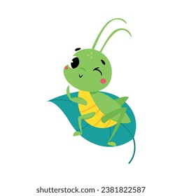 Cute Green Grasshopper Character Sitting on Leaf Vector Illustration