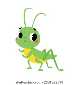 Cute Green Grasshopper Character Sitting Vector Illustration