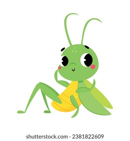 Cute Green Grasshopper Character Sitting Vector Illustration