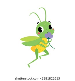 Cute Green Grasshopper Character Smell Flower Vector Illustratio