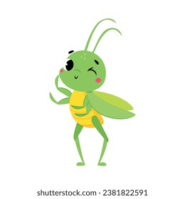 Cute Green Grasshopper Character Winking Vector Illustration