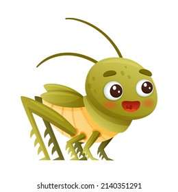 Cute green grasshopper. Funny smiling insect cartoon character vector illustration