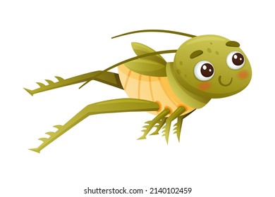 Cute Green Grasshopper Jumping. Funny Baby Insect Mascot Cartoon Character Vector Illustration
