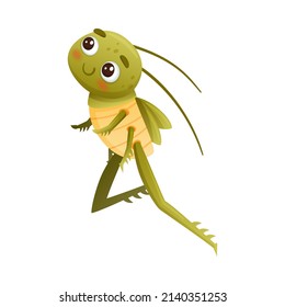 Cute Green Grasshopper Jumping Up. Funny Baby Insect Mascot Cartoon Character Vector Illustration