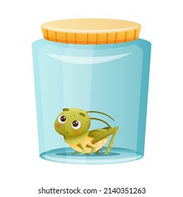 Cute green grasshopper sitting jar. Funny baby insect mascot cartoon character vector illustration
